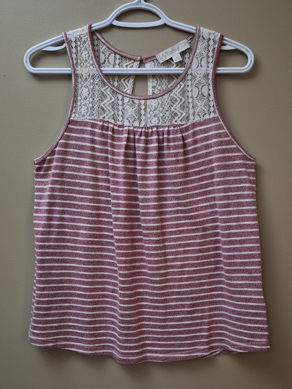 Striped Lace Yoke Tank Top - Dusty Rose/White By Suzanne Detro